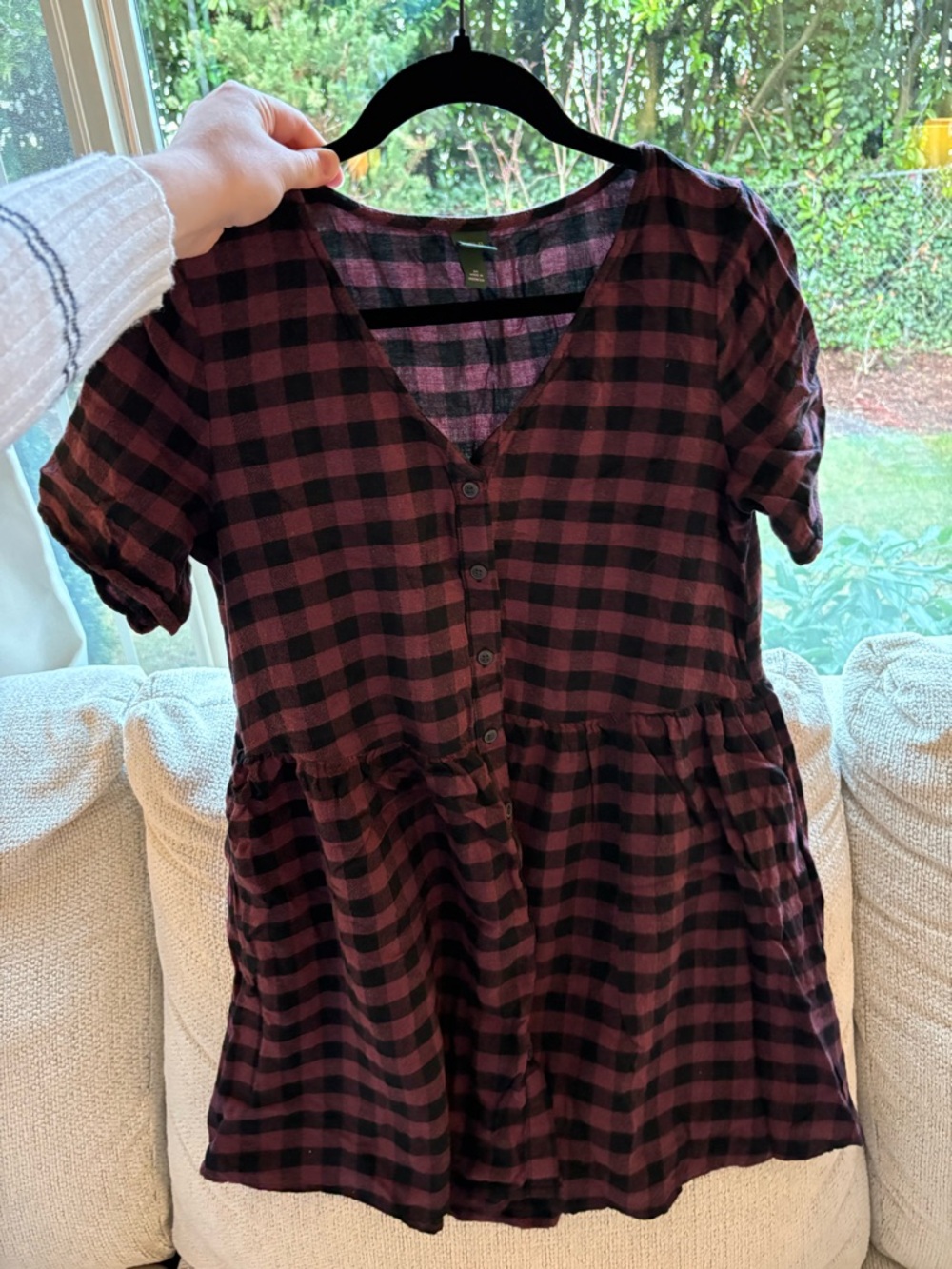 Button Front Black and Burgundy Plaid Babydoll mini dress/tunic